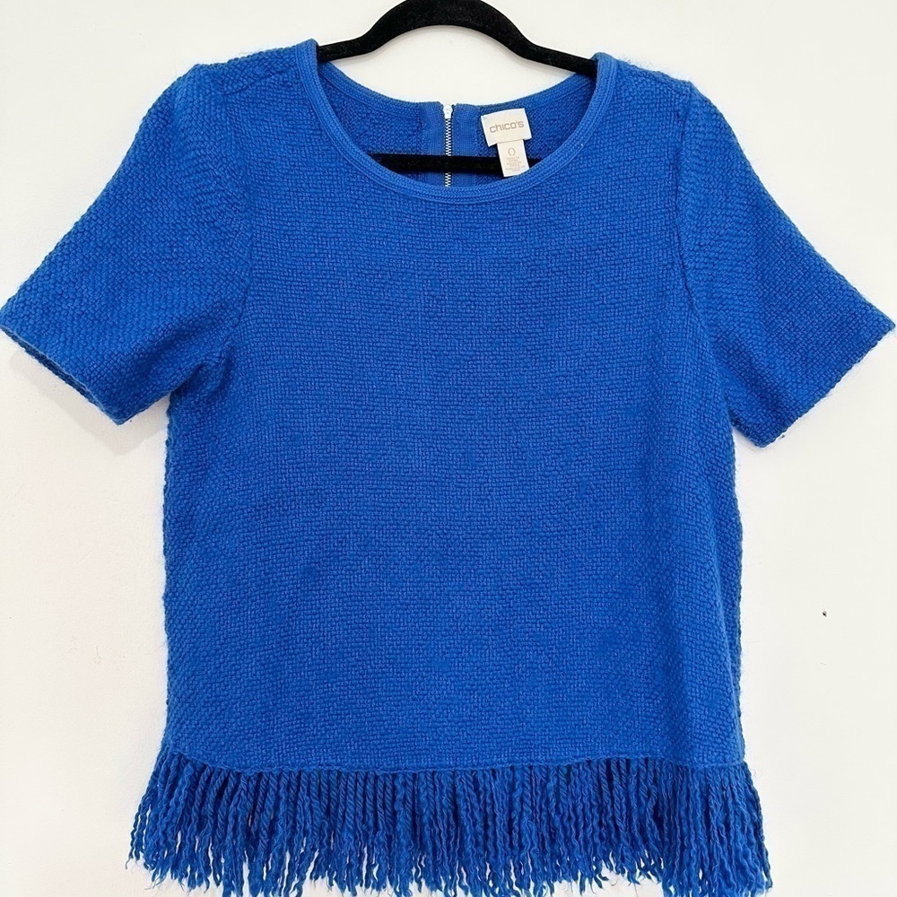 Chicos Top Womens Small Royal Blue Woven Short Sleeve Fringe Hem Cotton Wool